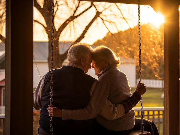 Photo elderly couple embracing on a porch swing at sunset