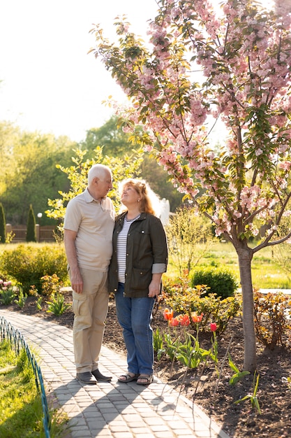 Elderly couple embracing in spring or summer park