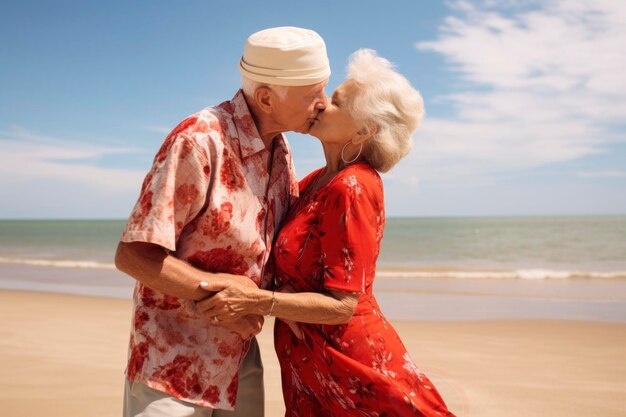 Elderly couple enjoy romantic travel trip after retirement