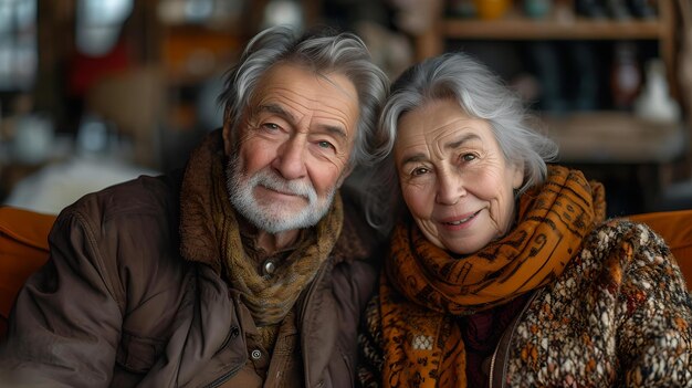 Elderly couple enjoying cozy moments together radiating love and wisdom serene elderly pair portrait AI