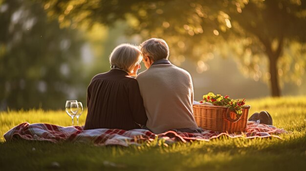 Foto una coppia di anziani che si godono un picnic su un campo erboso seduti insieme su una coperta