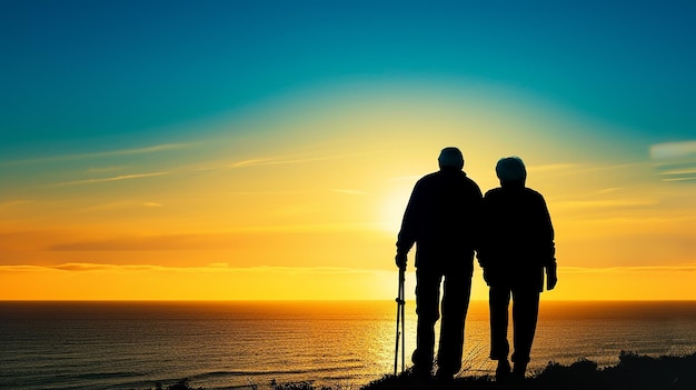 Photo elderly couple enjoying sunset by the sea silhouette