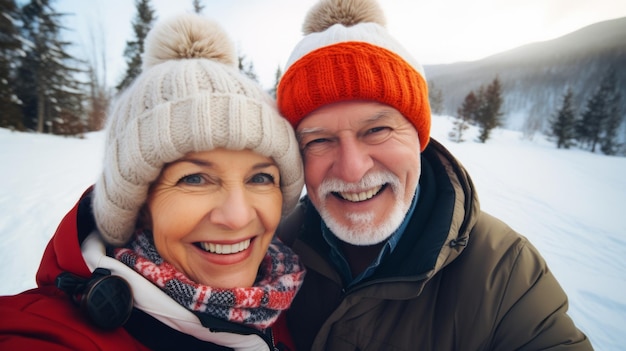 冬の休暇を楽しんでいる年配の夫婦がセルフィーで恋愛と冒険を捉えている