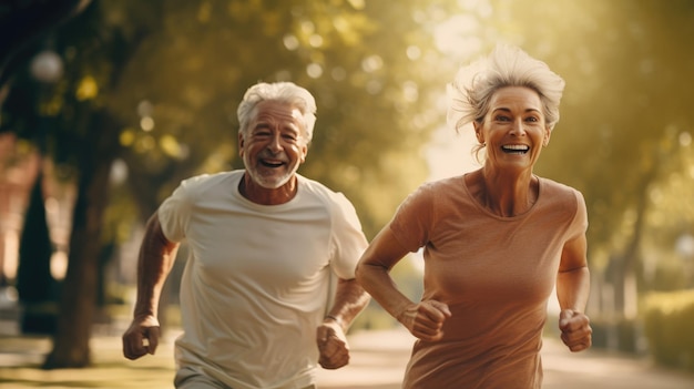 Photo an elderly couple enjoys a morning run in the park the womans blond hair gracefully flows matching