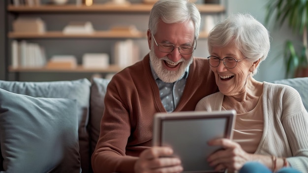 elderly couple explores content on a tablet surrounded by the comfort of their home