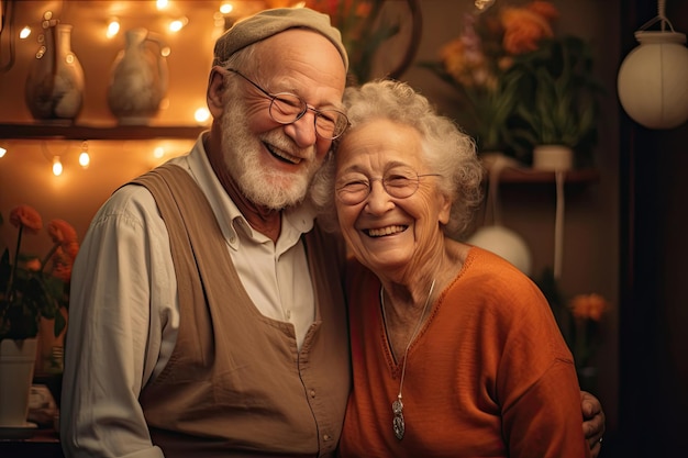 elderly couple feeling happy smiling and looking to camera while relax in living room at home