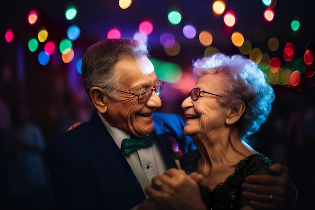 Elderly couple in festive costumes and dresses dancing together at a party generative ai