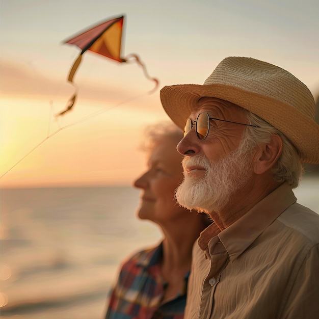 Elderly Couple Flying Kite at Sunset