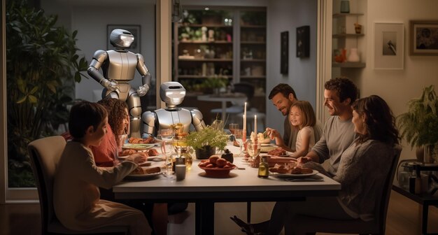 Foto coppia anziana e nipoti a cena con un robot