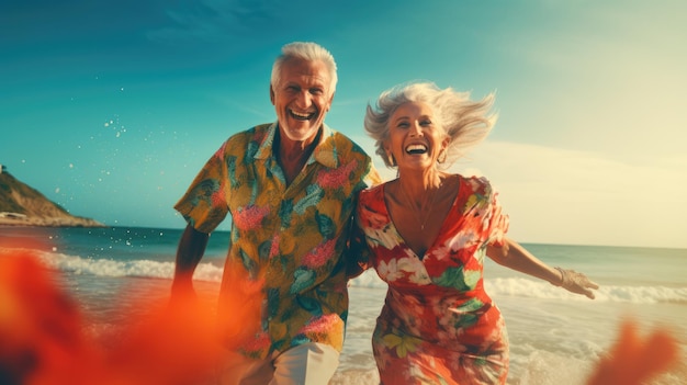 Elderly couple happy together cuddling on the beach Portrait closeup Vacation of pensioners Happy old age Traveling AI generated image