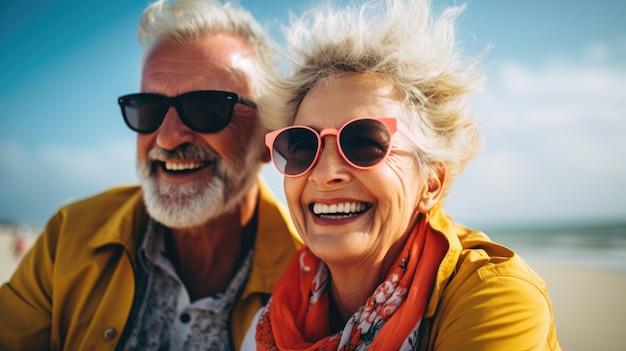 Elderly couple happy together cuddling on the beach Portrait closeup Vacation of pensioners Happy old age Traveling AI generated image