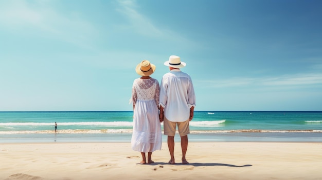 Elderly couple happy together cuddling on the beach Portrait closeup Vacation of pensioners Happy old age Traveling AI generated image
