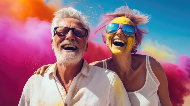 Elderly couple happy together cuddling on the beach Portrait closeup Vacation of pensioners Happy old age Traveling AI generated image