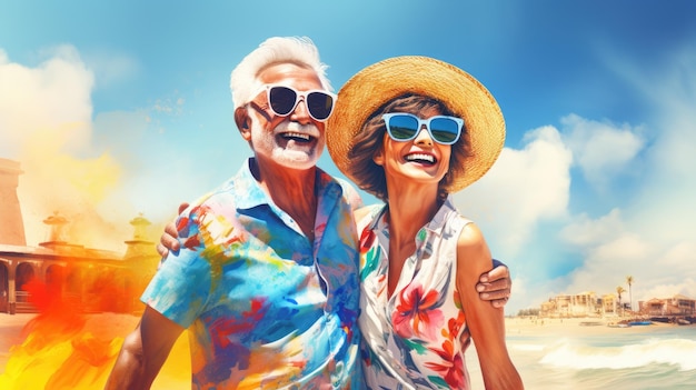 Elderly couple happy together cuddling on the beach Portrait closeup Vacation of pensioners Happy old age Traveling AI generated image