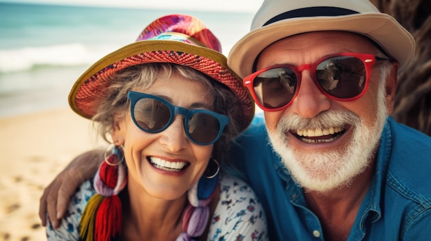 Пожилая пара счастлива вместе обнимаясь на пляже Портрет крупного плана Отпуск пенсионеров Счастливая старость Путешествие изображение, сгенерированное ИИ