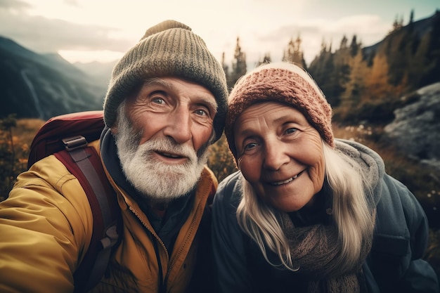 Elderly couple of happy travelers retired travelers in nature in mountains Generative AI
