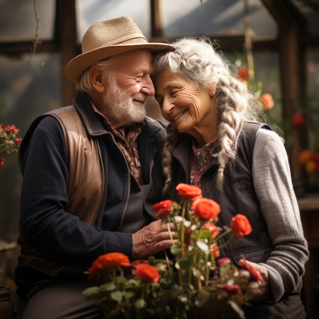 Elderly couple holding each other romantically at their countryside home garden