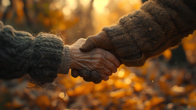 Foto coppia anziana che si tengono per mano nel parco d'autunno amore e cura negli anni d'oro