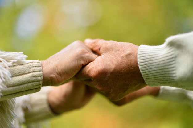 Photo elderly couple holding hands in beautiful park