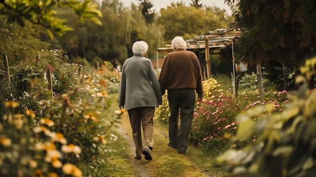 An elderly couple holding hands while strolling through a blooming garden