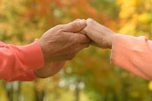 Elderly couple holding hands