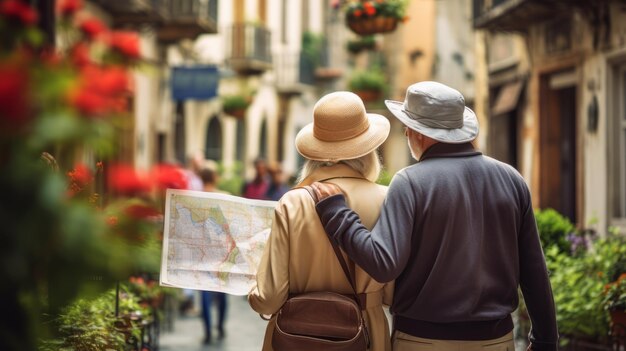 Foto una coppia di anziani con in mano una mappa in vacanza