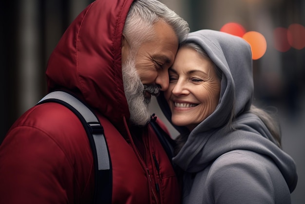 An elderly couple is leaning their heads together and smiling