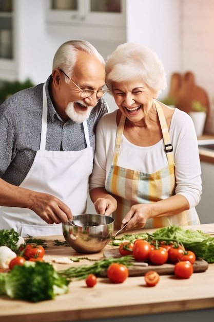 高齢の夫婦が奇妙なキッチンで一緒に朝食を調理しているのが見られます