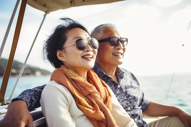 An elderly couple is sitting on a boat or yacht in the ocean They look at the waves and hug Sea voyage vacation Love and romance of older people