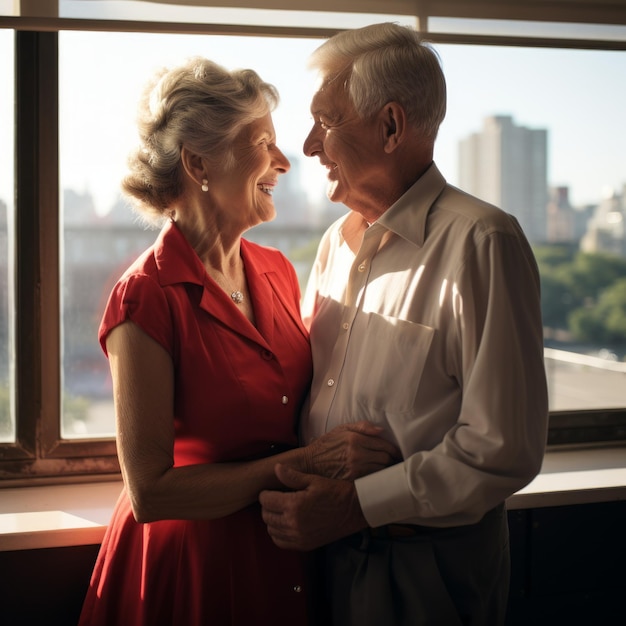 Photo an elderly couple is smiling and holding hands in front of a window