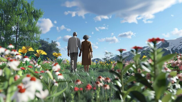 Photo an elderly couple is walking through a field of flowers the man and woman are holding hands the sun is shining through the trees