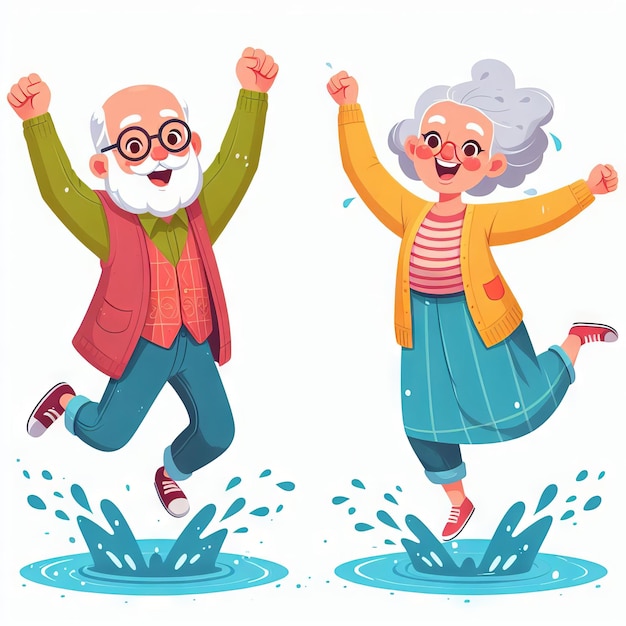 Elderly couple jumping in the puddle Happy beloved Active lifestyle