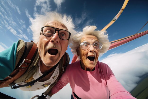 Elderly couple jumping with a parachute flying pensioners active recreation adrenaline High quality photo