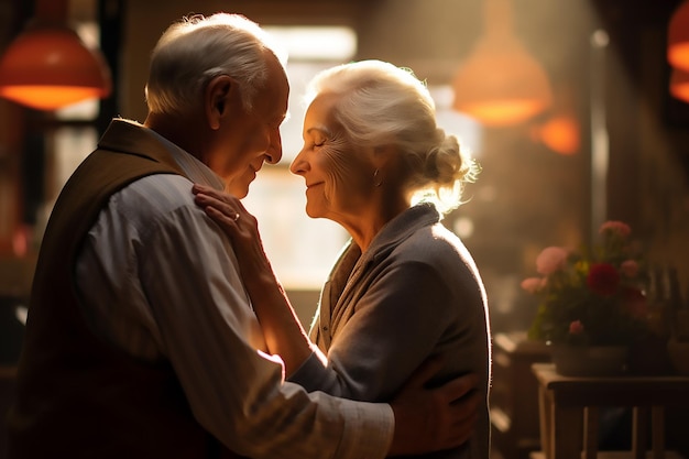 Photo elderly couple kissing in the house