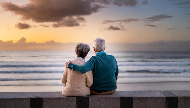 Пожилая влюбленная пара сидит на береговой стене в сумерках, обращенная к пляжу, обнимается теплым освещением.