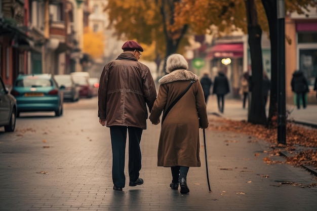 愛する年配の夫婦が秋の通りを歩いている エクストリームクローズアップ ジェネレーティブAI