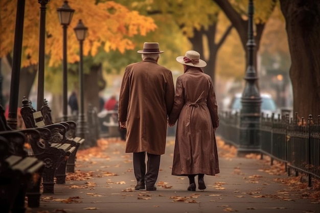 Elderly Couple in Love Walking Along the Autumn Street extreme closeup Generative AI