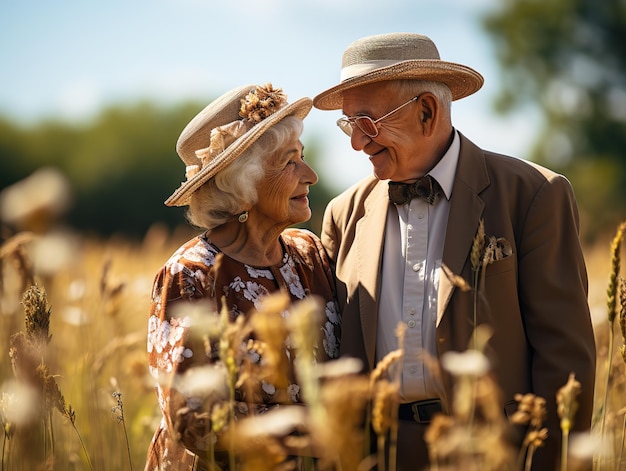 Elderly couple in love walking in nature Generative AI