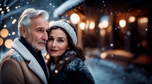 elderly couple in love in winter at Christmas in the city decorated with lights