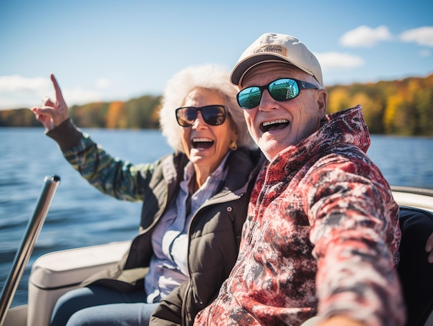 elderly couple make selfie on lake trip with boat generated ia