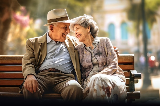 An elderly couple a man and a woman are sitting and hugging on a bench in the park They enjoy communication Date in the park Older lovers Relationships in old age Love and romance