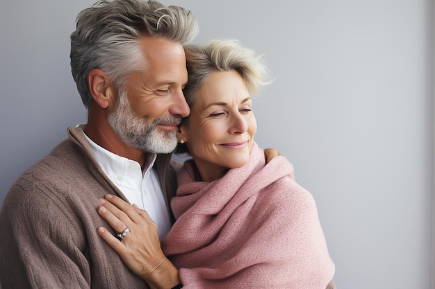 an elderly couple a man and a woman hugging