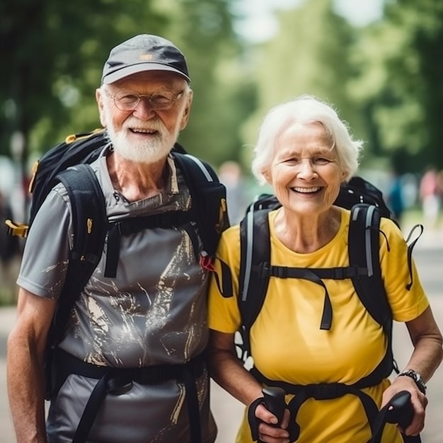 Elderly couple man and woman during a walk in tracksuits and Nordic walking sticks smiling