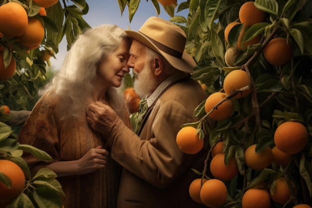 Elderly couple in the orange orchard Retro style Generative AI