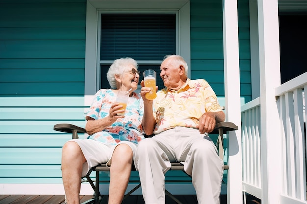 Elderly couple of pensioners are sitting in the attic of the house and drinking fresh drinks generat