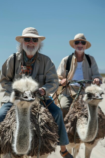 An elderly couple of people ride ostriches in the desert