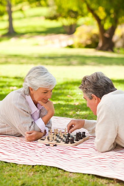 Elderly couple playing chess