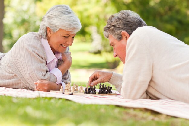 Elderly couple playing chess