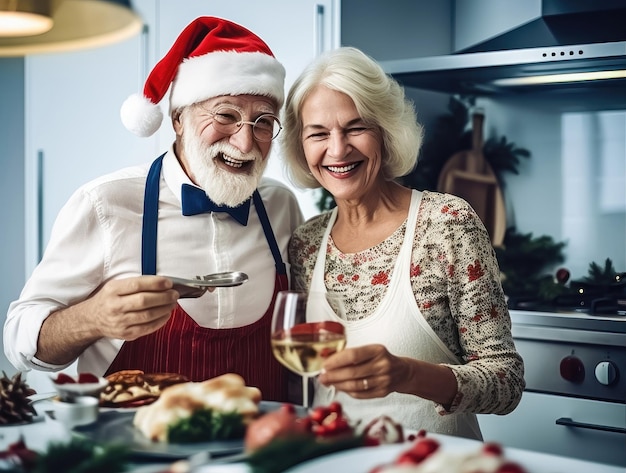 Elderly Couple Preparing Festive Christmas Dinner Together Generative AI