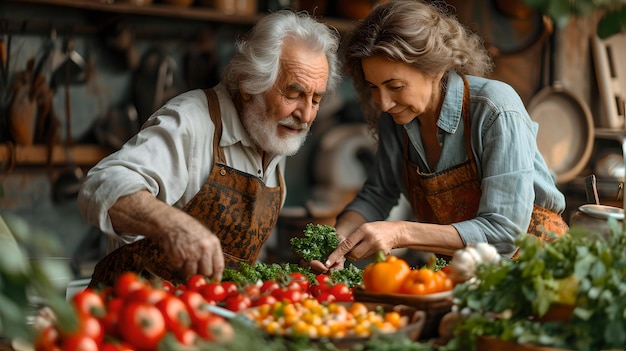家庭的なキッチンで一緒に健康的な食事を準備し、料理の伝統を共有する老夫婦 AI